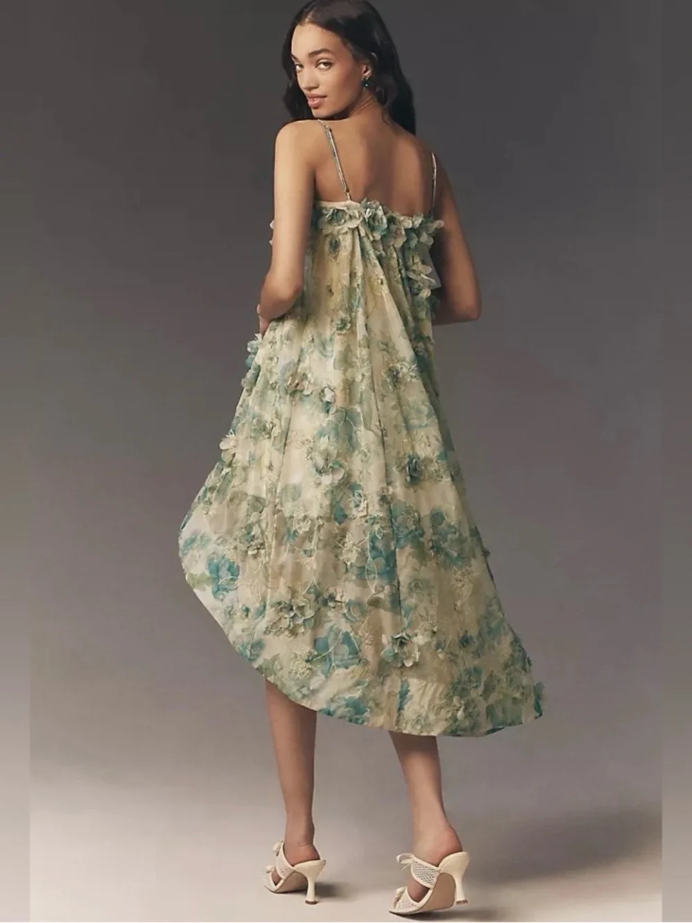 Anthropologie BHLDN Cream and Blue-Green Floral Spaghetti-Strap High-Low Dress - Picture 2 of 7